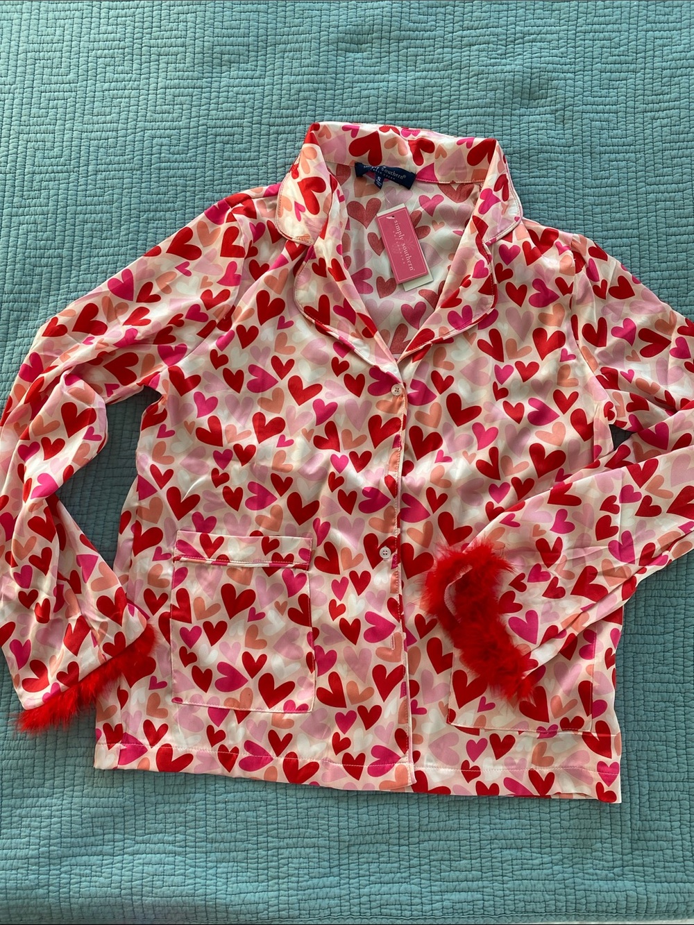 Simply Southern 2 piece set Pink and Red Heart Print with Feather Trim